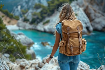 An adventurous woman with a backpack looks out towards a stunning bay surrounded by rocky cliffs