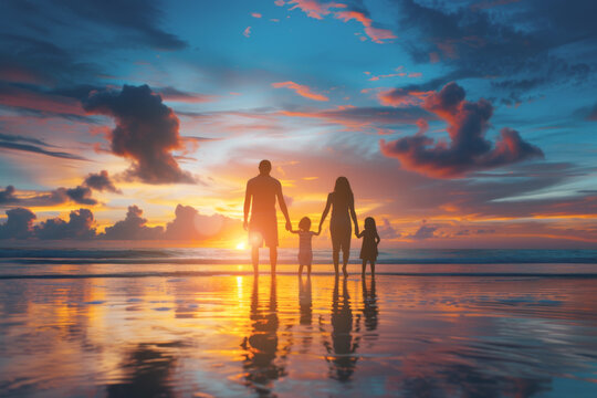 Silhouetted family holding hands on a beach, reflecting on wet sand against a vibrant sunset sky.