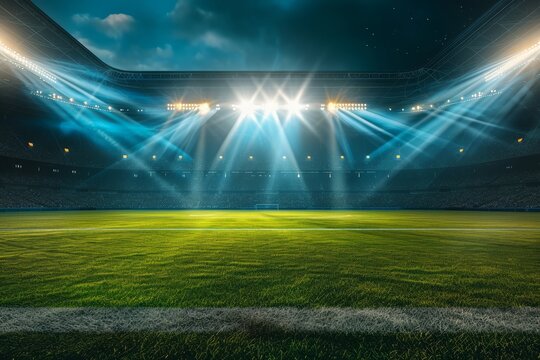 Illuminated american football stadium with projectors at night. Sports background concept	
