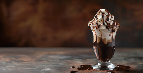 A glass of delicious ice cream with chocolate syrup and whipped cream