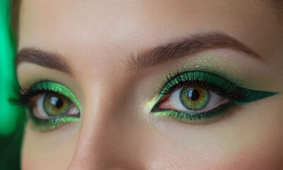 Fototapeta premium A close-up of a woman’s eyes, adorned with modern, vibrant makeup. The intricate application showcases her style and the depth of her gaze, symbolizing the artistry of beauty.