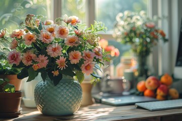 A warm, sunlight-filled workspace with a vase of flowers by the window and a desktop keyboard