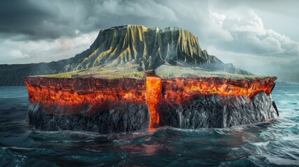Cross-sectional of a volcanic island, showing the magma chamber, volcanic vent, and fertile soil layers, aimed at educating about volcanic formation and ecosystem - obrazy, fototapety, plakaty