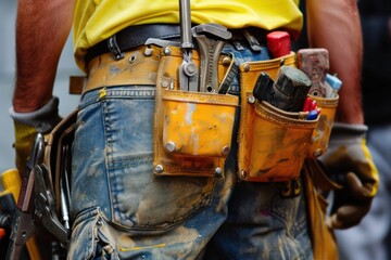 Fototapeta na wymiar Close-up of Maintenance worker with bag and tools kit wearing on waist. 