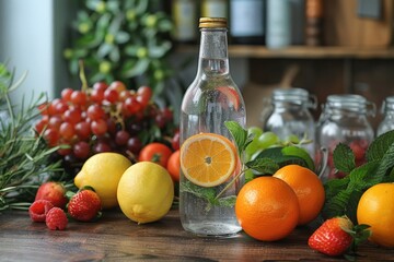 A crafted bottle of infused water surrounded by an abundance of fresh fruits on a wooden table suggesting healthy lifestyle