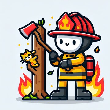 image of a firefighter holding an axe in the right hand Flame emojis surround the firefighter, fireman firefighter with axe