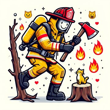 image of a firefighter holding an axe in the right hand Flame emojis surround the firefighter