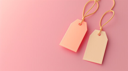 Multiple blank white tag price on  pink background. Paper Price Tag. Sale Tag. Blank cardboard price tags or labels set isolated. Price tag mockup template with copy space for brand, information. 