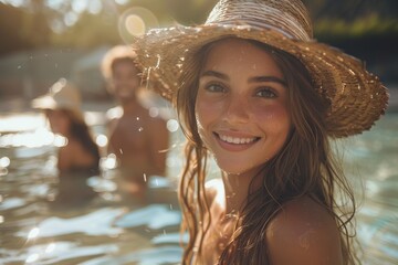 Close-up of a happy young woman in a straw hat with sparkling water drops in the background