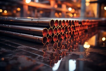 Metallurgical industry backdrop. stainless steel pipes, industrial metal manufacturing concept - obrazy, fototapety, plakaty