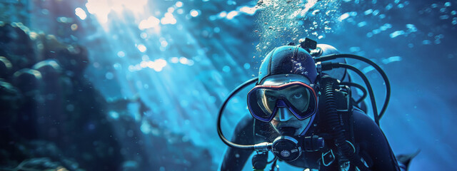A man in a black wet suit is diving underwater - obrazy, fototapety, plakaty