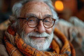 Portrait of a content elderly man with a warm smile, wearing a scarf