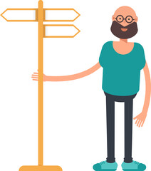 Bald Bearded Man Character and Signpost
