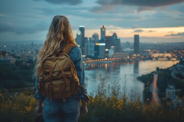 Fototapeta na wymiar A young woman with a backpack admires the panoramic view of a city's illuminated skyline against the backdrop of a dusky sky