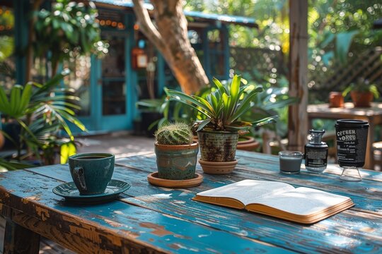 An open book beside a coffee cup on an aged blue table in an outdoor garden café with plants