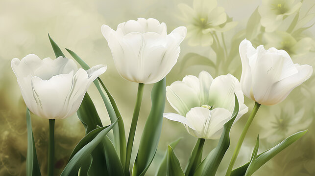 white tulips with green leaves