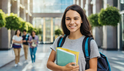 female student with books and backpack smiling
