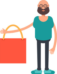Bald Bearded Man Character Holding Shopping Bag
