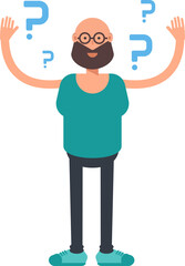 Bald Bearded Man Character and Question Marks
