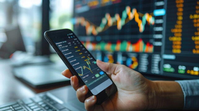 Hand holding smartphone with stock market data on screen.