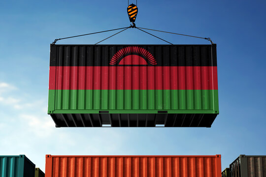 Malawi trade cargo container hanging against clouds background