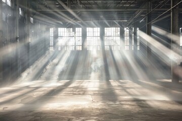 Atmospheric smoke filling an industrial warehouse interior with beams of light.