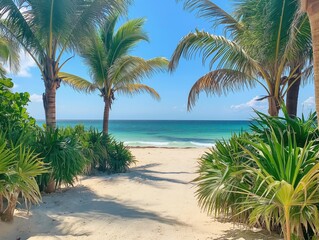 Fototapeta na wymiar Paradise beach with palm trees and turquoise sea