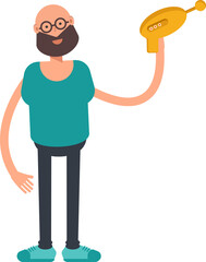 Bald Bearded Man Character Holding Space Gun
