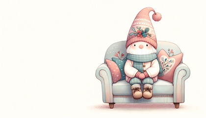 Fototapeta premium Cute cartoon snowman sitting on a sofa. Christmas illustration.