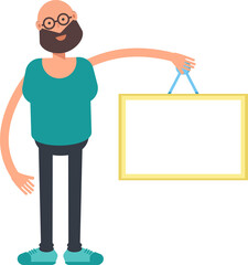 Bald Bearded Man Character Holding Blank Signage
