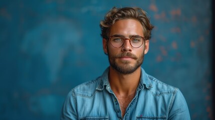 Obraz premium Man with Glasses and a Beard, A Man in a Blue Shirt, The Face of a Young Man, Portrait of a Man with Brown Hair.