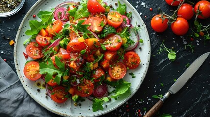 Fresh tomato and basil salad on dark background.