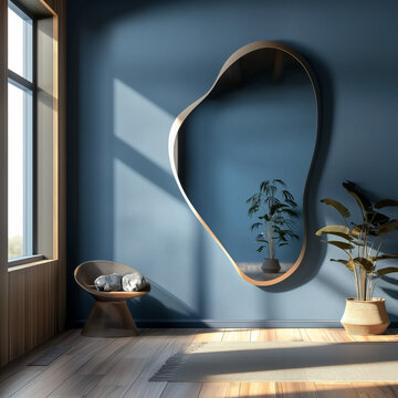 Interior Design Trend: Organic Shapes - Wall Mirror on blue wall