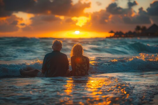A serene moment as a couple in love sit by the crashing waves, watching a breathtaking sunset