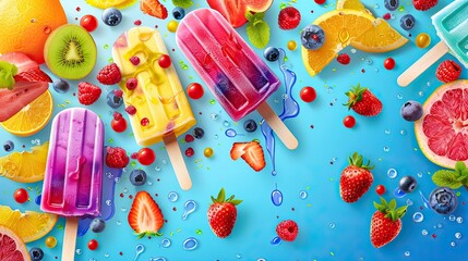 ice cream popsicles adorned with fresh fruit and berries, empty space around the popsicles, perfect for incorporating text or captions to highlight their irresistible appeal.