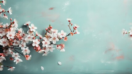 Ethereal spring background with sakura flowers and birch trees, nature landscape with copy space