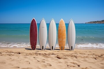 Colorful surfboards on sunny beach by the sea, ready for waves with space for text placement