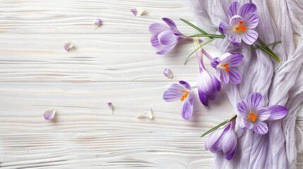 a spring banner, crocuses are lying on the right on a light wooden background,