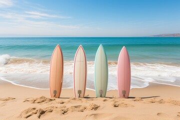 Colorful surfboards lined up at a beautiful beach, ready for an exciting day of riding the waves