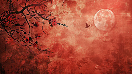A red background with a bird flying in the sky and a full moon