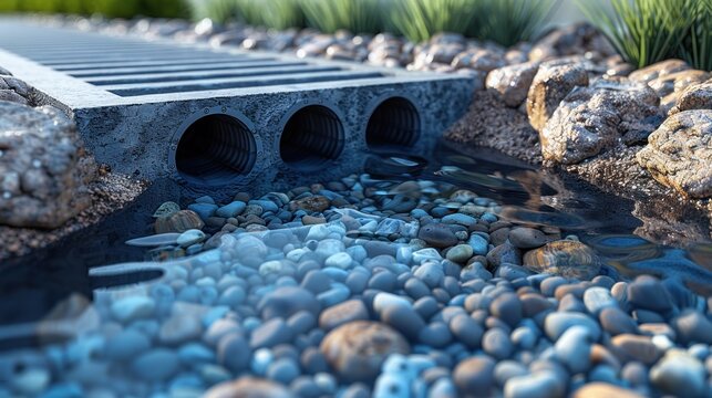 Natural sewage disposal system at the highway. The drainage pipe close-up view into the ground.