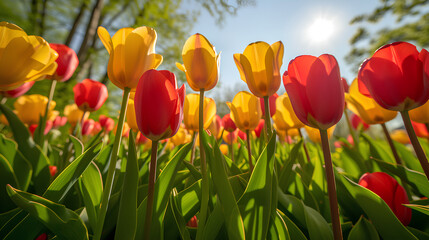 Obraz premium Yellow and red tulips in bloom, a vibrant field of tulips under a bright spring sun