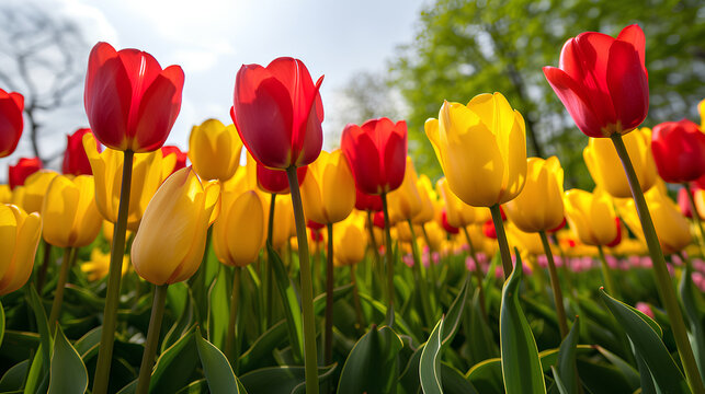 Yellow and red tulips in bloom, a vibrant field of tulips under a bright spring sun