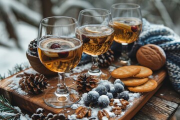 Three glasses of warm, spiced drinks presented on a wooden board adorned with cookies, pine cones, and a snowy backdrop