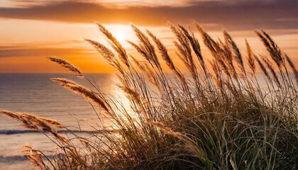 Zachód słońca nad morzem , trawy. Tapeta, dekoracja. Generative AI - obrazy, fototapety, plakaty
