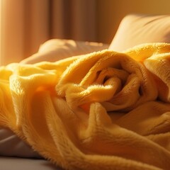 Yellow blanket on a sunlit bed
