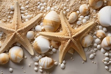 Fototapeta na wymiar Seashells and starfish on sandy beach. natural texture for summer travel and coastal decor