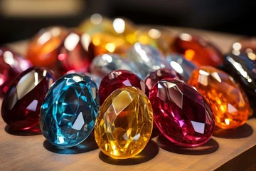  Brightly engraved gemstones with vibrant colors shimmering in warm light for background © polack