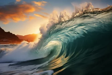 Tuinposter Colossal ocean wave captured from the side with blue sky background, towering and powerful. Tsunami © polack