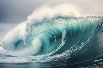 Side view of magnificent colossal turquoise ocean wave breaking against the blue sky